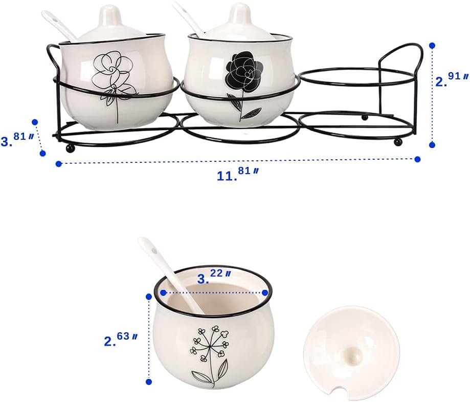 Ceramic Spice & sugar Jars, with Lids Spoons and Shelf,Porcelain Condiment Kitchen Jar Spice Container Set, 230 ML,3 Pcs - Image 2