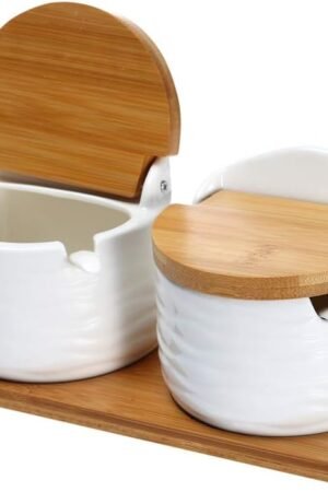 Ceramic Sugar Bowl with Lids and Spoons-Porcelain Condiment Container Spice Jar,Salt Cellar for Kitchen,with Chalkboard Labels,8.8 fl oz 260ML