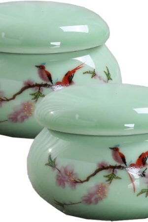 2Pcs Empty Mini Cute Ceramic Bottle Canisters Flower Pattern Portable Travel Loose Tea Pot Jar Contanier with Lid for Storage Spices Powder Cream Lotion Loose Tea, Green