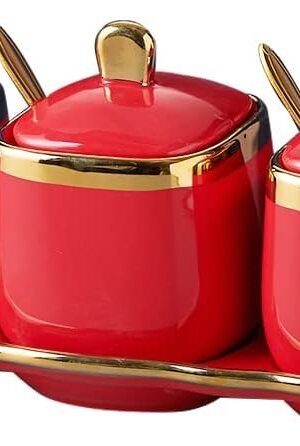 Red Sugar Bowl with Lid and Spoon,Ceramic Condiment Jars Spice Container with Tray,Sugar and Salt Bowls,Gold Condiment Containers Pots Seasoning Box Set of 3 for Kitchen Coffee Bar