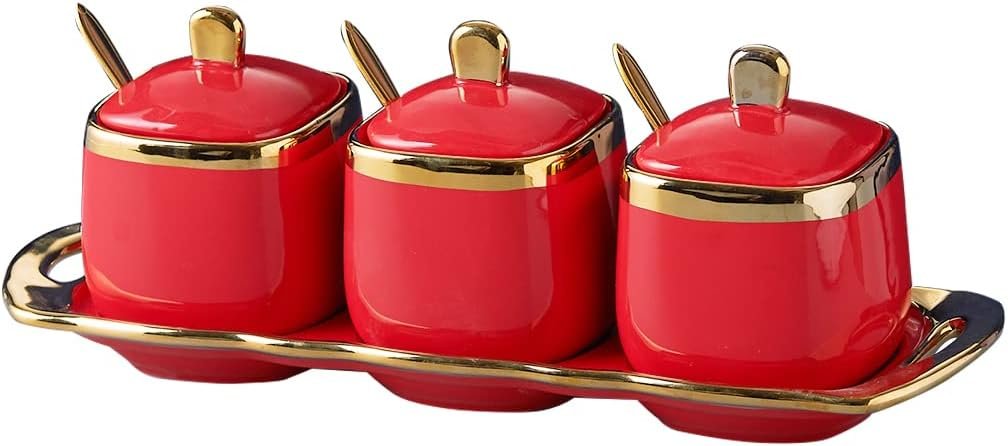 Red Sugar Bowl with Lid and Spoon,Ceramic Condiment Jars Spice Container with Tray,Sugar and Salt Bowls,Gold Condiment Containers Pots Seasoning Box Set of 3 for Kitchen Coffee Bar