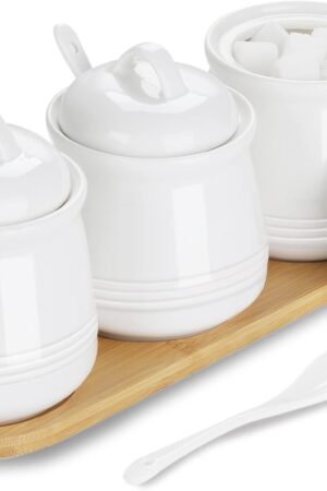 Porcelain Condiment Jar 3 Pack Set with Tray, 12 Ounces White