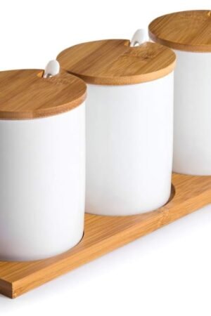 Ceramic Sugar Bowls with Bamboo Lids and Spoons- Muti-Functional Round Condiment Jar for Home- Spice Storage Canister,10.8 oz 320 ML,3 Pcs Set