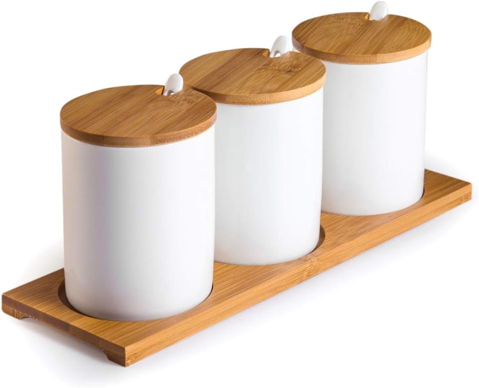 Ceramic Sugar Bowls with Bamboo Lids and Spoons- Muti-Functional Round Condiment Jar for Home- Spice Storage Canister,10.8 oz 320 ML,3 Pcs Set