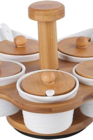 Porcelain Condiment Jar Spice Container with Lids,Bamboo Cap Holder Spot, Ceramic Serving Spoon, Wooden Tray ,Pottery Pot for Sugar Coffee Salt Spices and Pepper