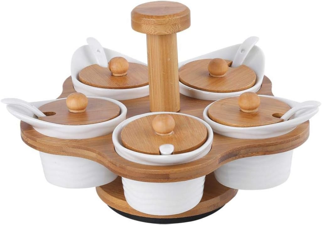 Porcelain Condiment Jar Spice Container with Lids,Bamboo Cap Holder Spot, Ceramic Serving Spoon, Wooden Tray ,Pottery Pot for Sugar Coffee Salt Spices and Pepper
