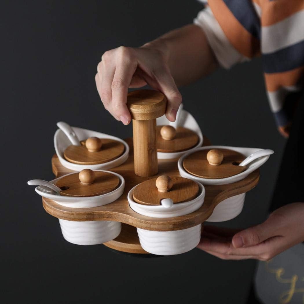 Porcelain Condiment Jar Spice Container with Lids,Bamboo Cap Holder Spot, Ceramic Serving Spoon, Wooden Tray ,Pottery Pot for Sugar Coffee Salt Spices and Pepper - Image 2