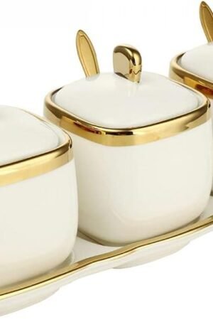 Set of 3 Porcelain Condiment Jar Spice Container with Lids, Ceramic Sugar Bowls Condiment Pots Spice Jars Seasoning Box Set, Best Spice jar for Your Home, Kitchen, Counter (White suit)