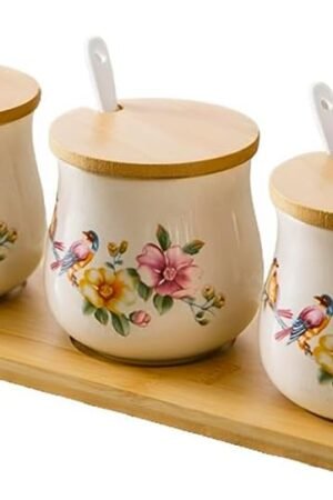 Set of 3 Ceramic Condiment Jars with Bamboo Lids, Tray and Ceramic Serving Spoons, Vintage Spice Container Sugar Bowls Set for Home and Kitchen (Bird)