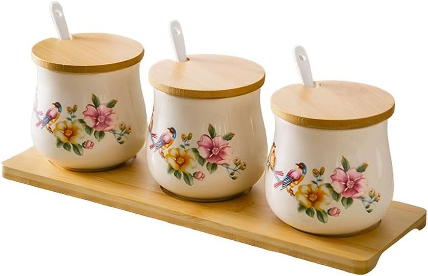 Set of 3 Ceramic Condiment Jars with Bamboo Lids, Tray and Ceramic Serving Spoons, Vintage Spice Container Sugar Bowls Set for Home and Kitchen (Bird)