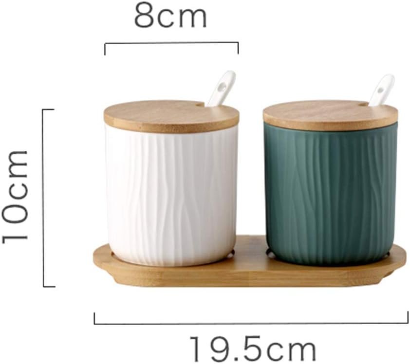 Set of 2 Ceramic Sugar Bowl 300ml Ceramic Spice Jar Condiment Pots with Bamboo Lid and Ceramic Spoon for Home and Kitchen, Height 3.93 inch,White and Green - Image 2