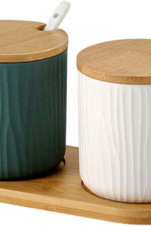 Set of 2 Ceramic Sugar Bowl 300ml Ceramic Spice Jar Condiment Pots with Bamboo Lid and Ceramic Spoon for Home and Kitchen, Height 3.93 inch,White and Green