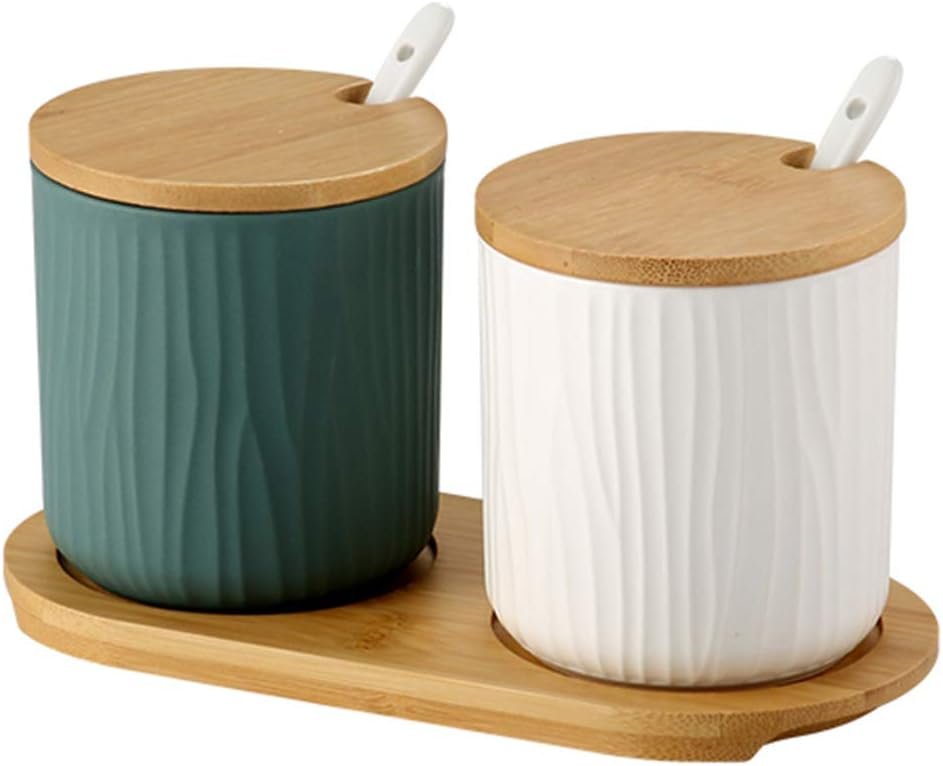 Set of 2 Ceramic Sugar Bowl 300ml Ceramic Spice Jar Condiment Pots with Bamboo Lid and Ceramic Spoon for Home and Kitchen, Height 3.93 inch,White and Green