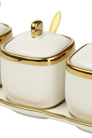 Spice Jars,Ceramic Spice Containers Kitchen Sugar Salt Condiment Jars Jars set with Lids and Spoons (White)