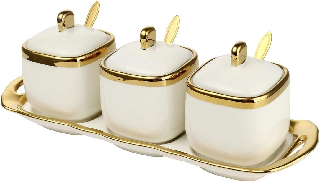 Spice Jars,Ceramic Spice Containers Kitchen Sugar Salt Condiment Jars Jars set with Lids and Spoons (White)