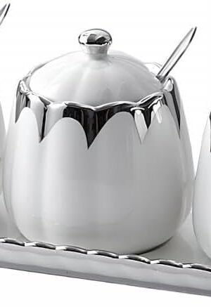 Porcelain Condiment Jar Spice Container with Lids, Spoon and Tray, Set of 3,Modern Spice Box Seasoning Jar for Your Home, Kitchen, Counter (White silver)