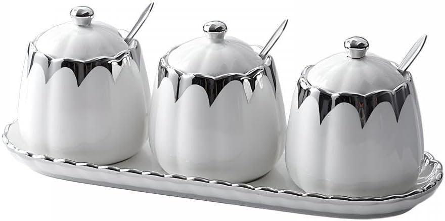 Porcelain Condiment Jar Spice Container with Lids, Spoon and Tray, Set of 3,Modern Spice Box Seasoning Jar for Your Home, Kitchen, Counter (White silver)