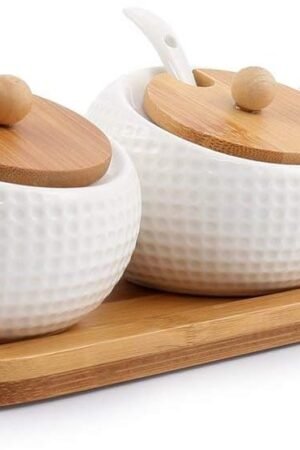 Porcelain Condiment Jar Spice Container with Lids - Bamboo Cap Holder Spot, Ceramic Serving Spoon, Wooden Tray Best Pottery Cruet Pot for Your Home, Kitchen, Counter. White,170 ML (5.8 OZ), Set of 3