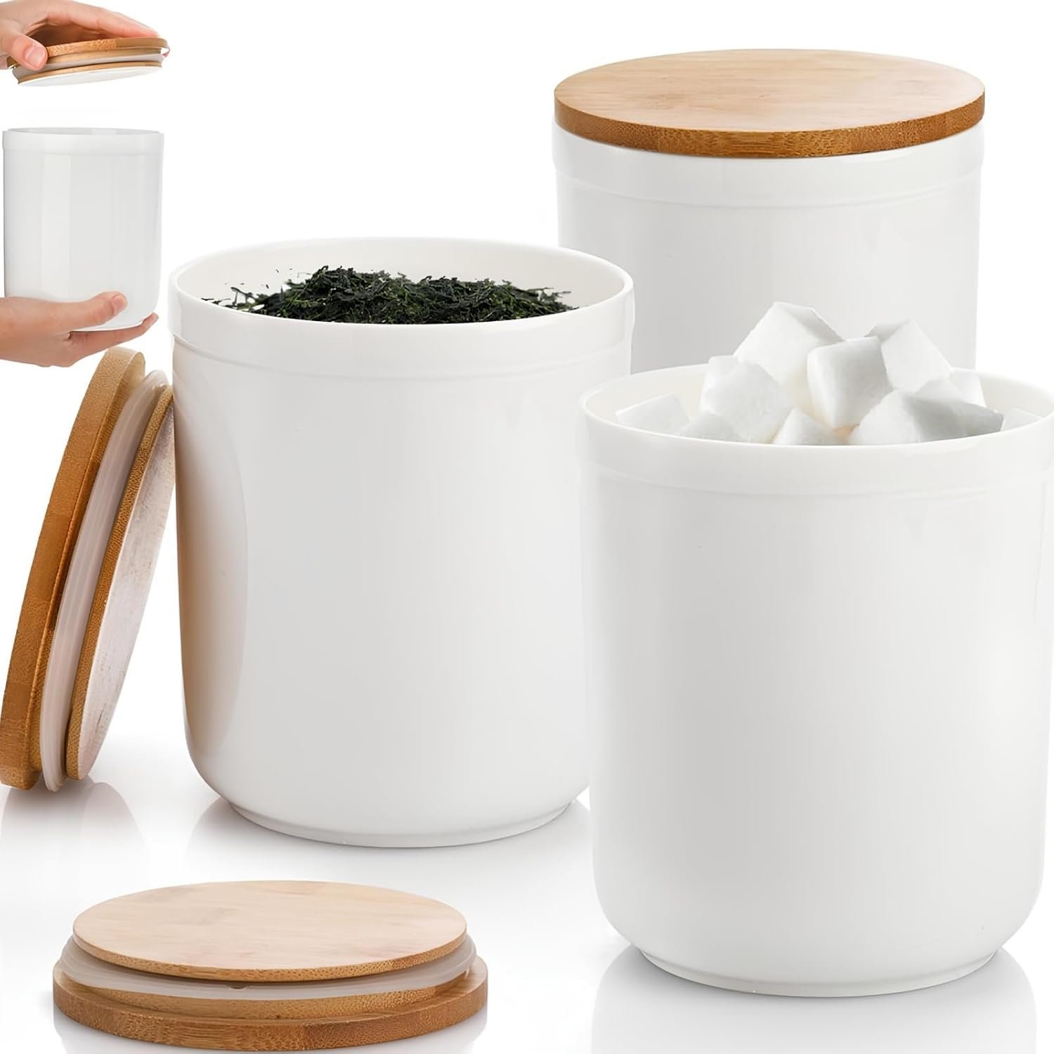 3 Pack Ceramic Food Storage Jars with Bamboo Lids, 36 FL OZ White Kitchen Canisters Airtight Container for Serving Ground Coffee, Cookie, Tea, Sugar, Salt, Spices, Flour