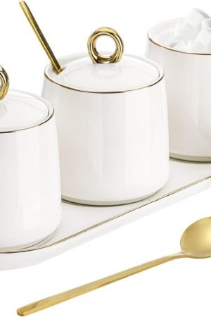 Porcelain Sugar Bowl with Lid and Spoon Set of 3, Condiment Jar Coffee Bar Accessories, 8 oz Salt Server Spice Container Seasoning Box with Tray