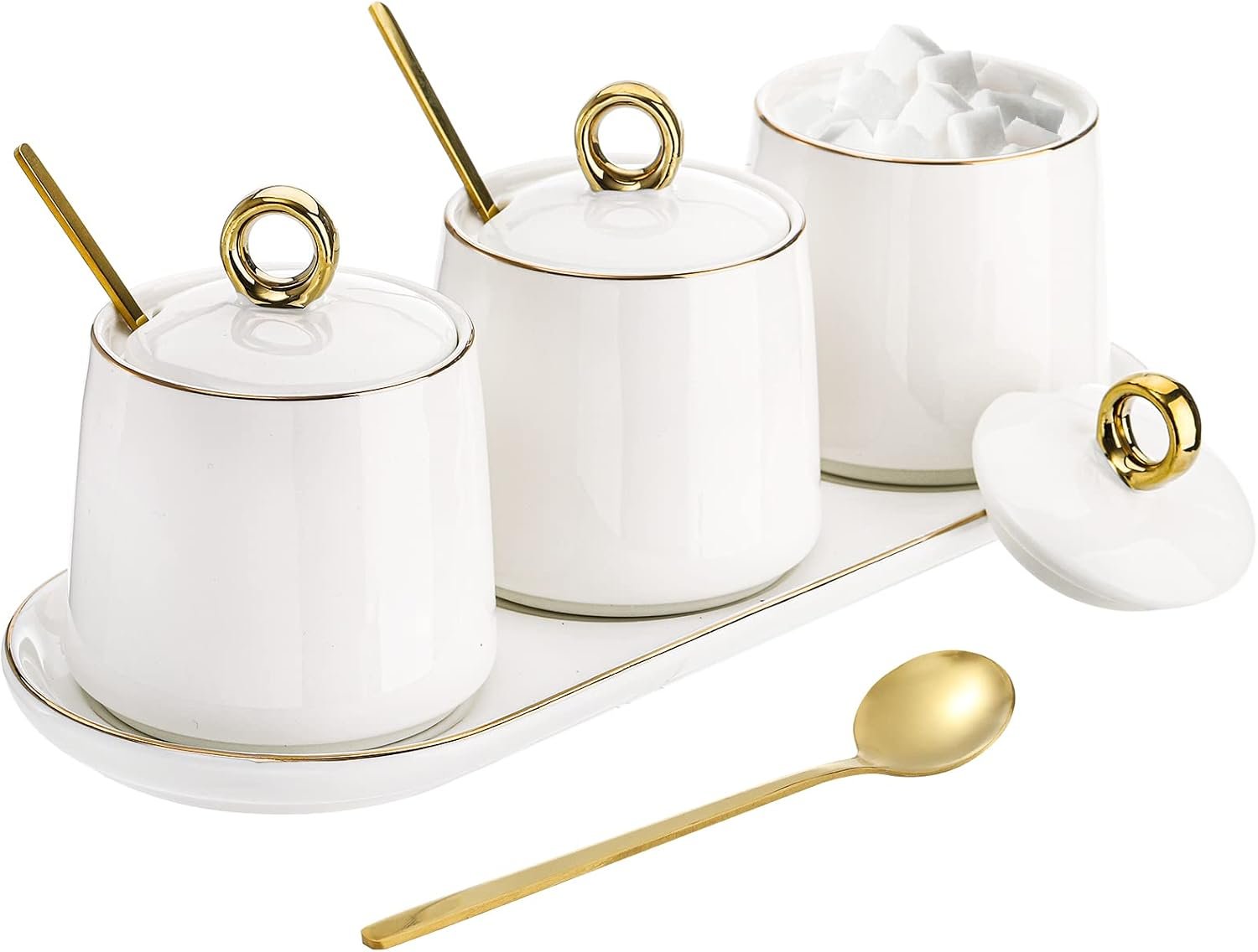 Porcelain Sugar Bowl with Lid and Spoon Set of 3, Condiment Jar Coffee Bar Accessories, 8 oz Salt Server Spice Container Seasoning Box with Tray