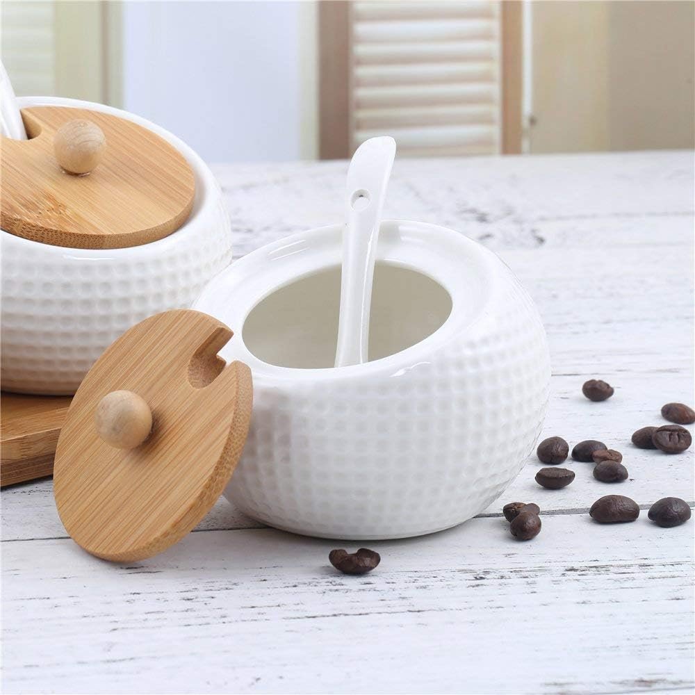 Porcelain Condiment Jar Spice Container with Lids - Bamboo Cap Holder Spot, Ceramic Serving Spoon, Wooden Tray Best Pottery Cruet Pot for Your Home, Kitchen, Counter. White,170 ML (5.8 OZ), Set of 3 - Image 2