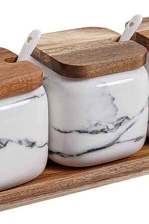 Ceramic Salt and Sugar Container Set with Wooden Tray, 3pcs Porcelain Seasoning Jars with Lids and Spoons, Condiment Pot Pepper Spice Storage Canister for Home Kitchen Counter