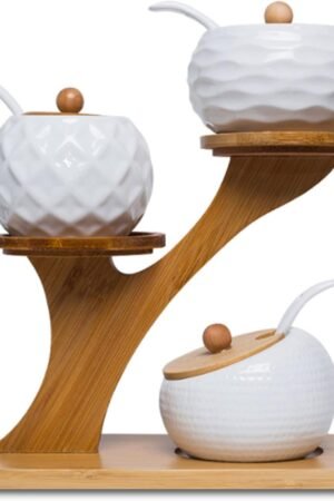 Porcelain Condiment Jar Set, Spice Jars with Bamboo Lids and Spoon, Wooden Tray, 170 ML (5.8 OZ), Used to Store Tea, Spices, Coffee, Set of 3(White)