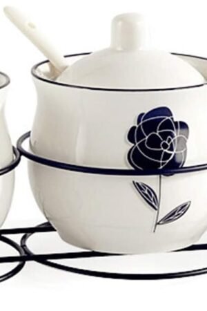 Ceramic Spice & sugar Jars, with Lids Spoons and Shelf,Porcelain Condiment Kitchen Jar Spice Container Set, 230 ML,3 Pcs