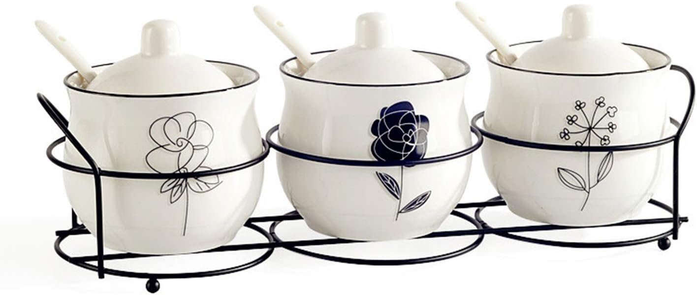 Ceramic Spice & sugar Jars, with Lids Spoons and Shelf,Porcelain Condiment Kitchen Jar Spice Container Set, 230 ML,3 Pcs