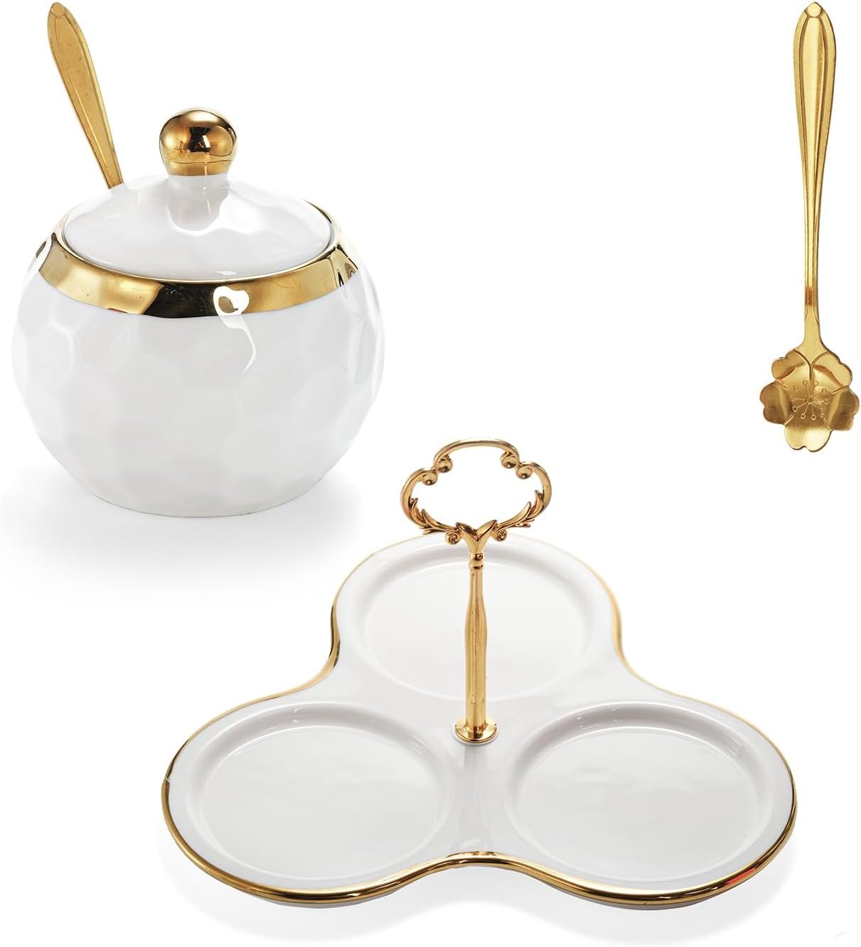 Porcelain Condiment Pot Sugar Bowl Spice Jars with Lid, Spoon and Tray, Salt Container Spice Box Seasoning Pots, White Sugar Salt Bowls Set for Kitchen, Restaurant, Coffee Bar, Set of 3 - Image 2