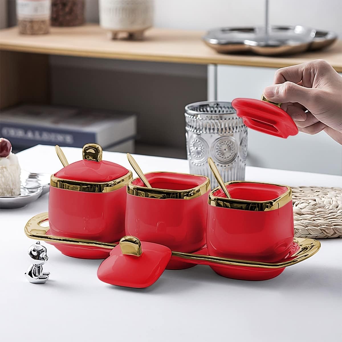 Red Sugar Bowl with Lid and Spoon,Ceramic Condiment Jars Spice Container with Tray,Sugar and Salt Bowls,Gold Condiment Containers Pots Seasoning Box Set of 3 for Kitchen Coffee Bar - Image 2