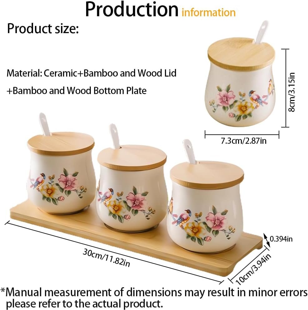 Set of 3 Ceramic Condiment Jars with Bamboo Lids, Tray and Ceramic Serving Spoons, Vintage Spice Container Sugar Bowls Set for Home and Kitchen (Bird) - Image 2
