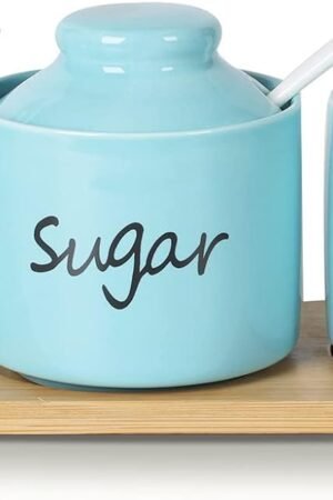 Farmhouse 8oz Sugar Pepper and Salt Bowls with Lid and Spoon, Ceramics Condiment Pots,Seasoning Jar Spice Container for Kitchen,Dishwasher Safe (Turquoise)