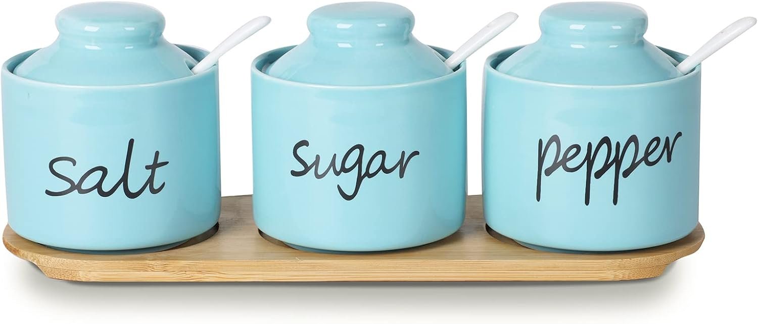 Farmhouse 8oz Sugar Pepper and Salt Bowls with Lid and Spoon, Ceramics Condiment Pots,Seasoning Jar Spice Container for Kitchen,Dishwasher Safe (Turquoise)