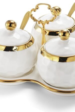 Porcelain Condiment Pot Sugar Bowl Spice Jars with Lid, Spoon and Tray, Salt Container Spice Box Seasoning Pots, White Sugar Salt Bowls Set for Kitchen, Restaurant, Coffee Bar, Set of 3