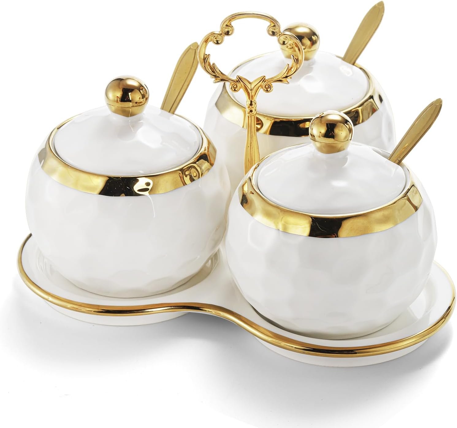 Porcelain Condiment Pot Sugar Bowl Spice Jars with Lid, Spoon and Tray, Salt Container Spice Box Seasoning Pots, White Sugar Salt Bowls Set for Kitchen, Restaurant, Coffee Bar, Set of 3