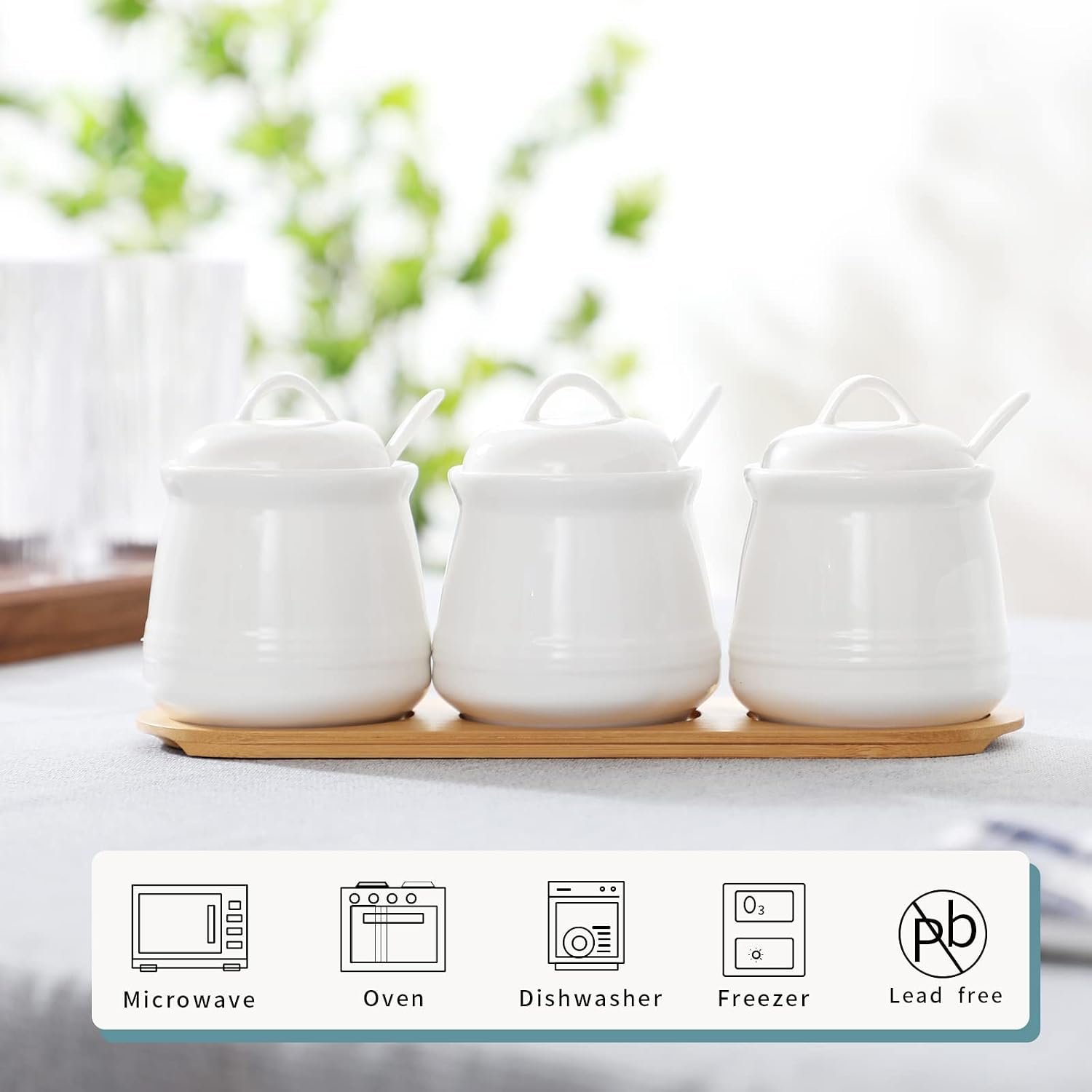 Porcelain Condiment Jar 3 Pack Set with Tray, 12 Ounces White - Image 2