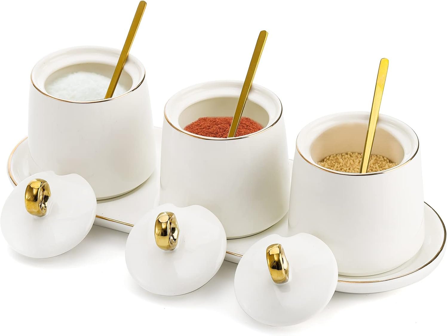 Porcelain Sugar Bowl with Lid and Spoon Set of 3, Condiment Jar Coffee Bar Accessories, 8 oz Salt Server Spice Container Seasoning Box with Tray - Image 2