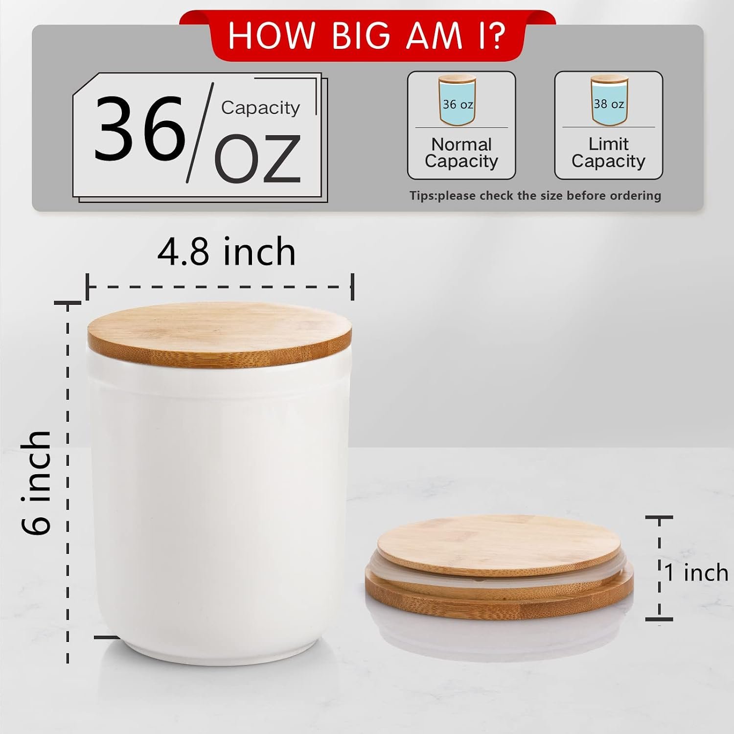 3 Pack Ceramic Food Storage Jars with Bamboo Lids, 36 FL OZ White Kitchen Canisters Airtight Container for Serving Ground Coffee, Cookie, Tea, Sugar, Salt, Spices, Flour - Image 2