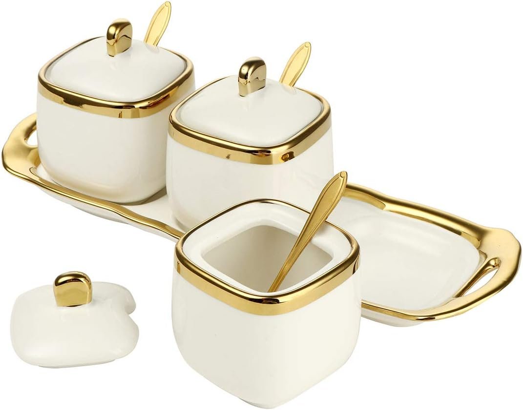 Spice Jars,Ceramic Spice Containers Kitchen Sugar Salt Condiment Jars Jars set with Lids and Spoons (White) - Image 2