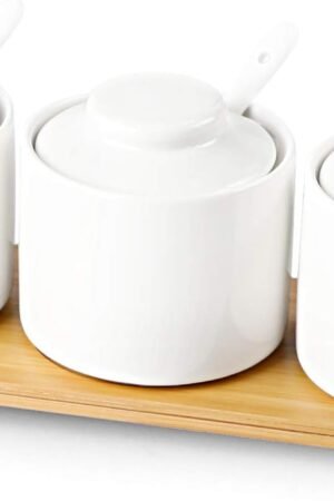Ceramic Condiment Jar Set of 3 with Tray, Condiment Pot With Spoon and Lid, Seasoning Box,Sugar Bowl, 8oz (White)