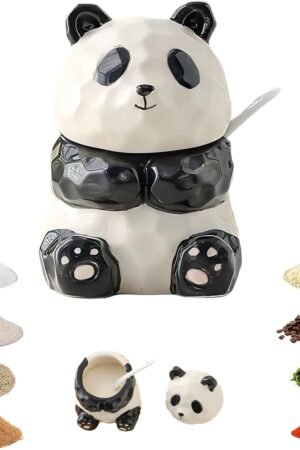 Ceramic Spice Jars with Spoon, 230ml Airtight Kitchen Storage Containers, Panda-Shaped for Salt Sugar Coffee, Dishwasher-Safe Decorative Countertop Jars