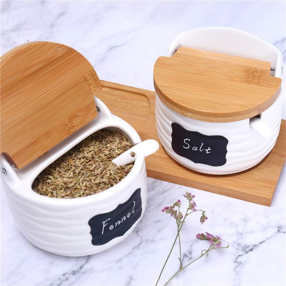 Ceramic Sugar Bowl with Lids and Spoons-Porcelain Condiment Container Spice Jar,Salt Cellar for Kitchen,with Chalkboard Labels,8.8 fl oz 260ML - Image 2