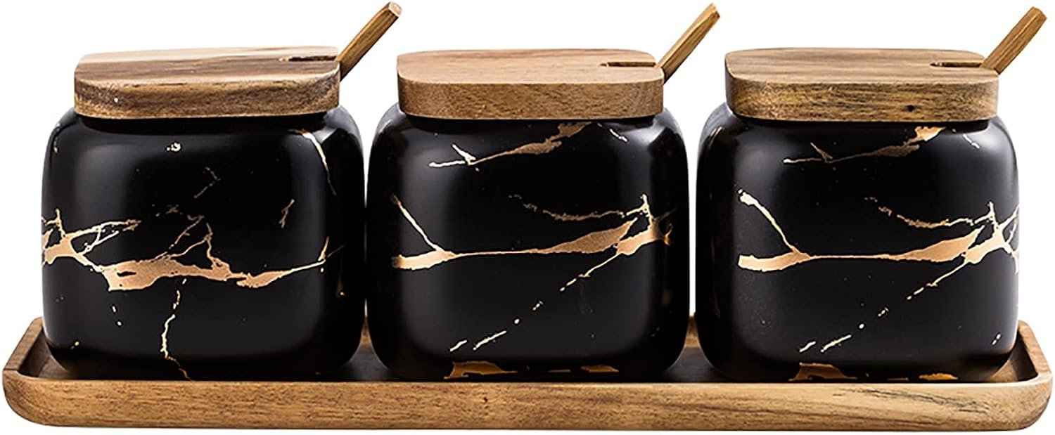3 Pcs Porcelain Condiment Jar Pot Spice Container Ceramic Seasoning Jar with Lid Spoon and Tray Great for Home Kitchen Counter, Black