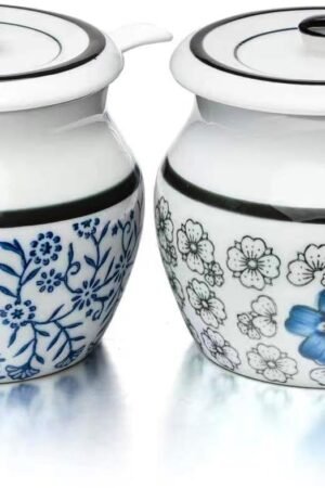 Ceramic Salt Cellar with Lid and Spoon, Salt and Pepper Bowls Set of 2 Porcelain Condiment Jars Spice Container Salt Spice Seasoning Box (Pattern 1#)