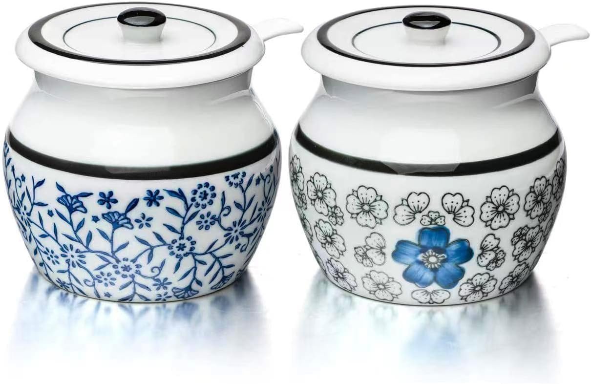 Ceramic Salt Cellar with Lid and Spoon, Salt and Pepper Bowls Set of 2 Porcelain Condiment Jars Spice Container Salt Spice Seasoning Box (Pattern 1#)