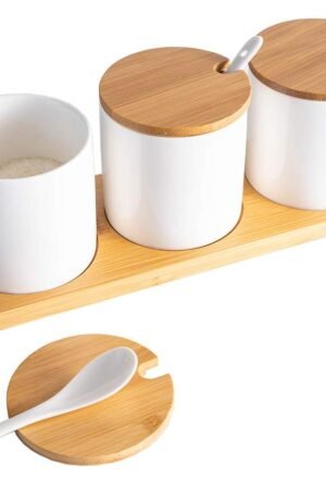 Ceramic Condiment Jar Seasoning Container with Lids,white Salt Sugar Pepper Spice Container Bowls Pot with Spoon, Porcelain Pot,Set of 3, 8 Oz, for Home Kitchen Coffee Bar
