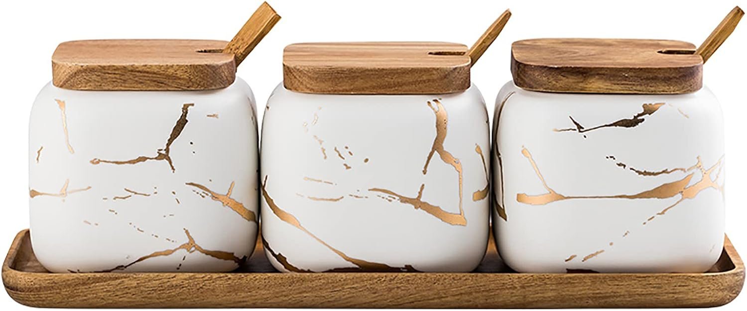 Ceramic Spice Jars Porcelain Condiment Jars Set Marble Ceramic Seasoning Box 3pcs Condiment Pots for salt, sugar, pepper Kitchen Ceramic Seasoning Condiment Jar Set