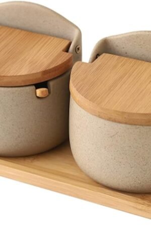 Ceramic Spice Jar - Condiment Jar with Lid and Spoon - Salt and Sugar Container Set for Kitchen - Stylish and Functional Kitchen Counter Accessories - 2 Pieces